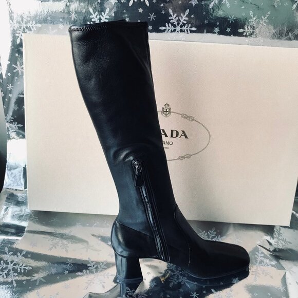 NEW Prada Women heeled leather Boots Black   Size 38.5 Made in Italy  New w Box - Picture 8 of 16